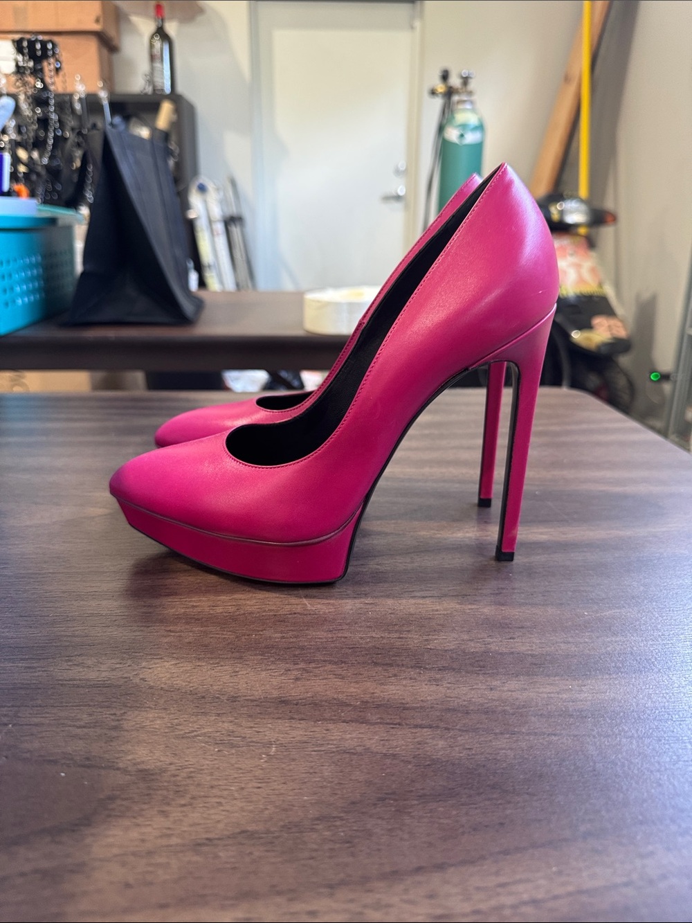 Saint Laurent Hot Pink Pointed-Toe Leather Pumps - Picture 2 of 3